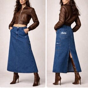 Obey Utility Denim Maxi Skirt Carpenter Cargo Back Slit Y2K Size 28 NWOT